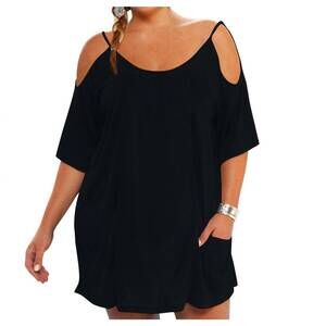 NEW ALWAYS FOR ME plus size open shoulder cover up tunic in black